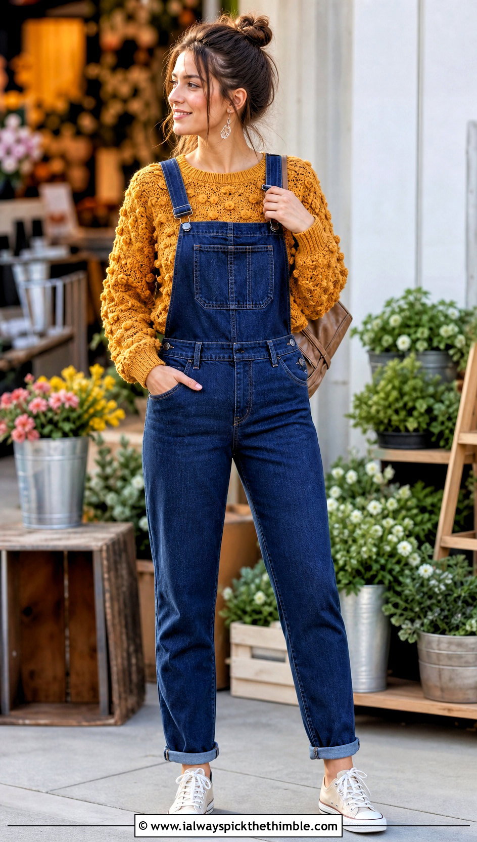 Textured Crocheted Sweater With Denim Overalls - 25 crocheted sweaters outfit ideas