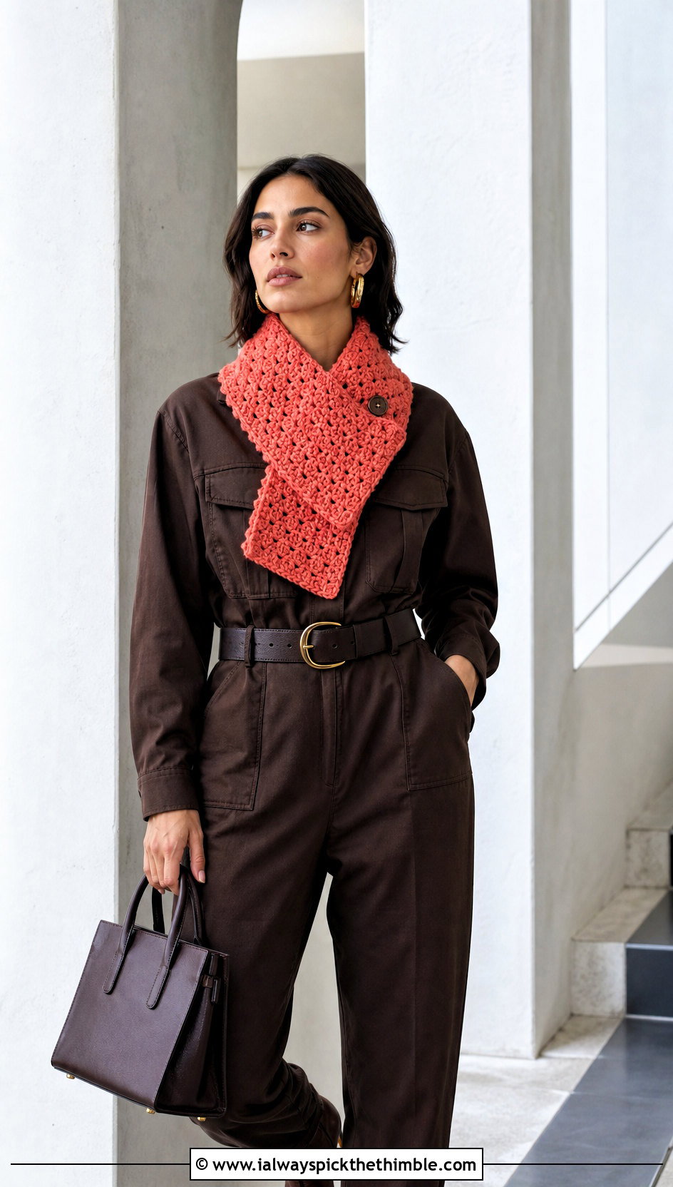 Textured Crossover Button Crochet Scarf With Jumpsuit - 15 Crochet Button Hole Scarf outfit ideas