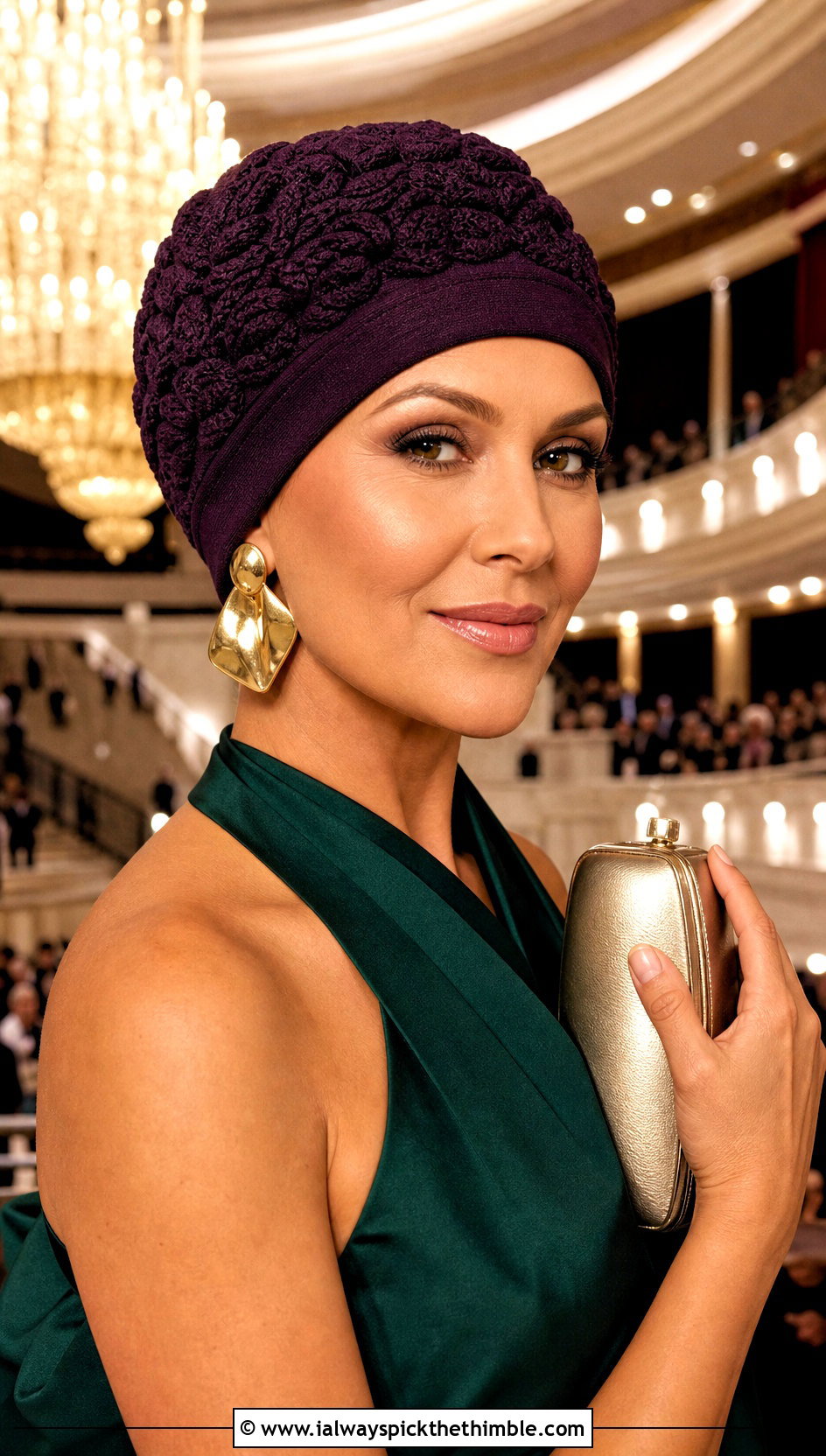 Textured Crown Crochet Chemo Cap With Evening Jumpsuit - 25 crochet chemo caps outfit ideas