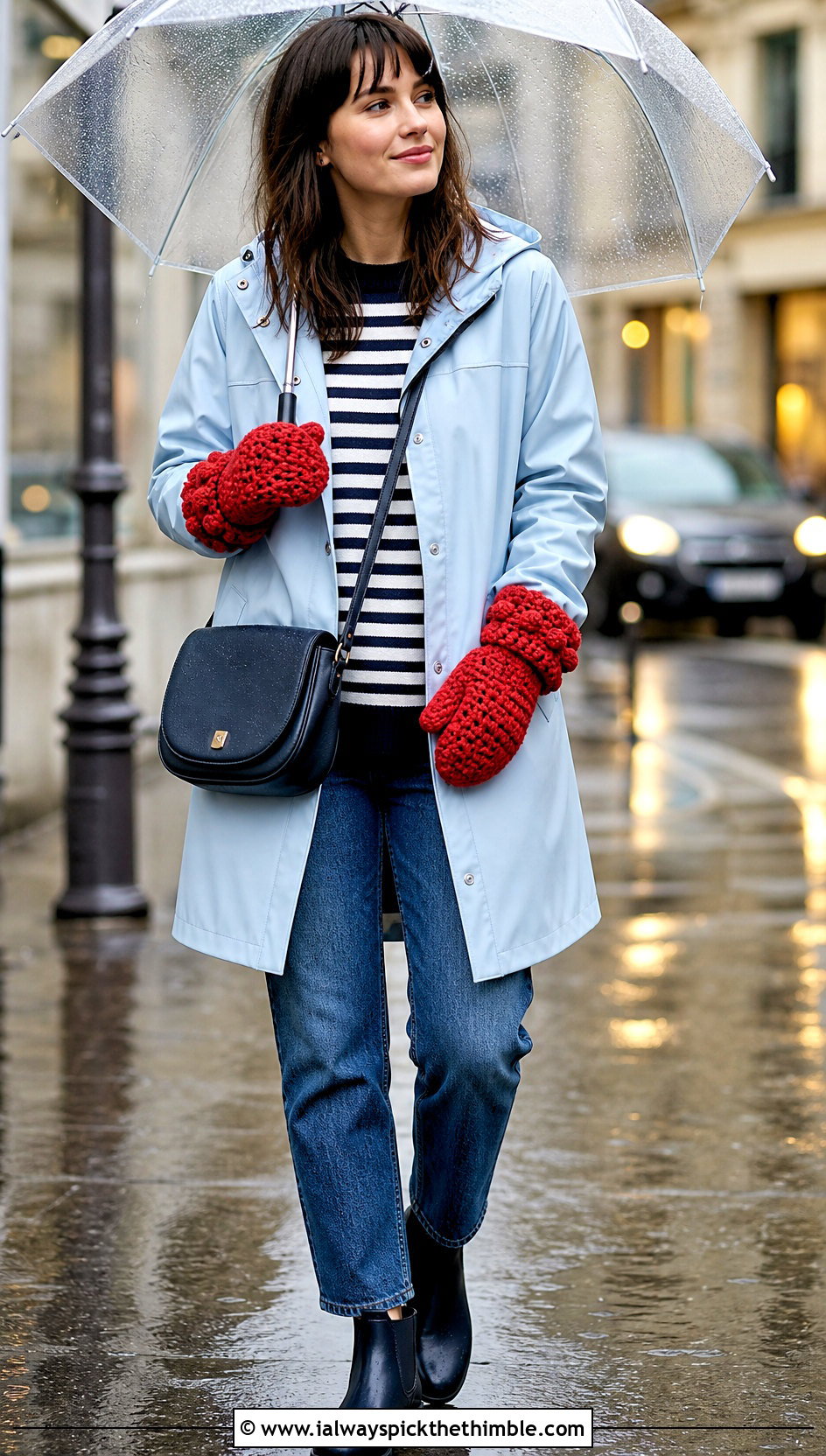 Textured Cuff Bulky Yarn Crochet Mittens With Raincoat And Straight Jeans - 20 Crochet Mittens Bulky Yarn outfit ideas