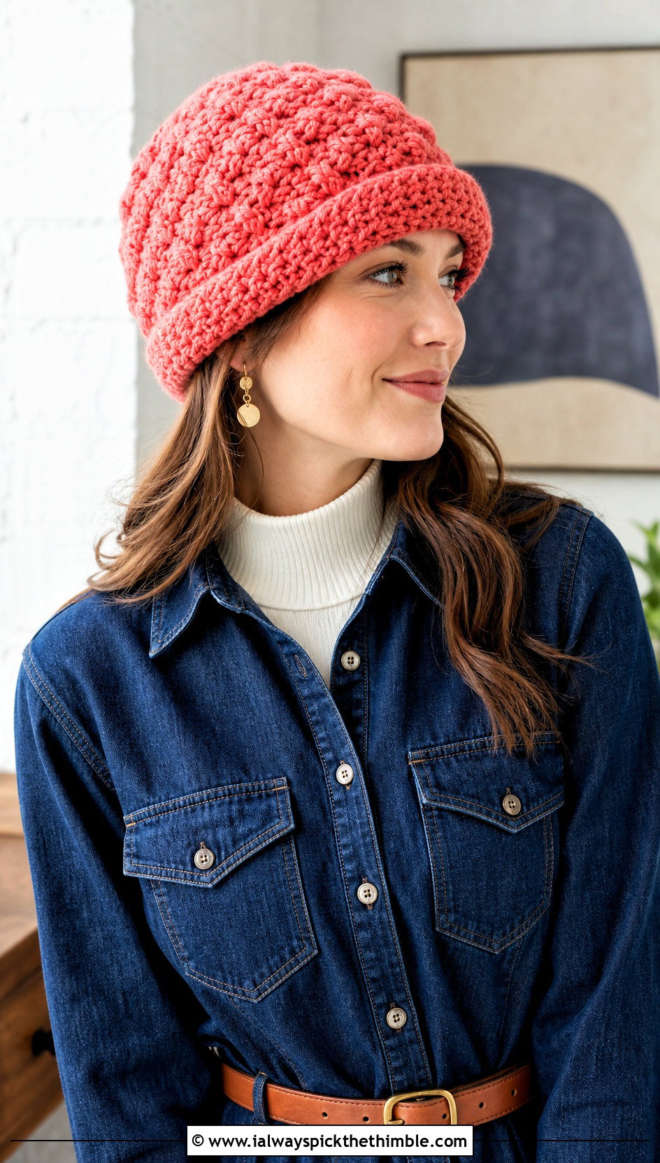 Textured Fold Up Brim Crochet Cap With Denim Dress - 15 Crochet Hat With Fold Up Brim outfit ideas