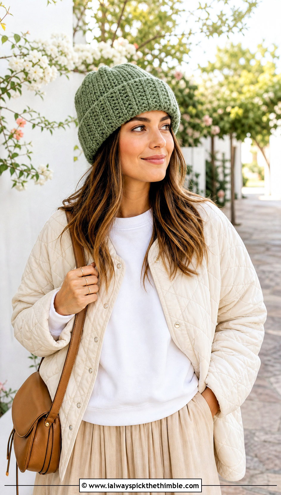 Textured Folded Brim Crochet Rectangle Beanie With Quilted Jacket - 20 Crochet Rectangle Beanie outfit ideas