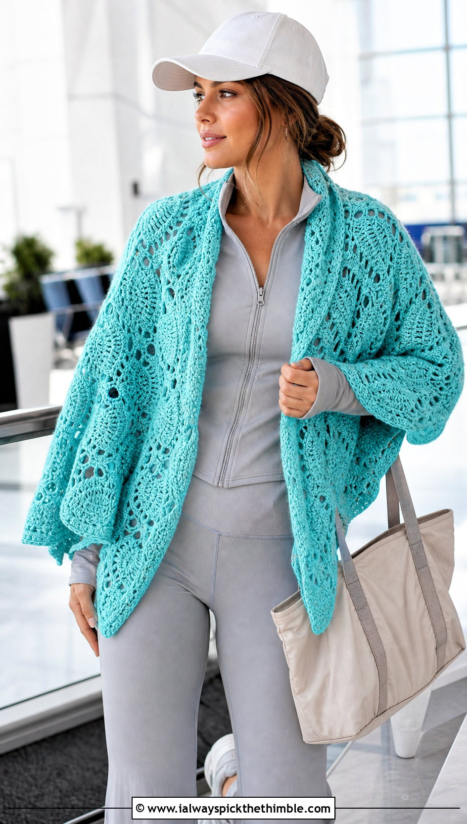 Textured Half Circle Crochet Shawl With Athleisure Set - 15 Half Circle Crochet Shawl outfit ideas