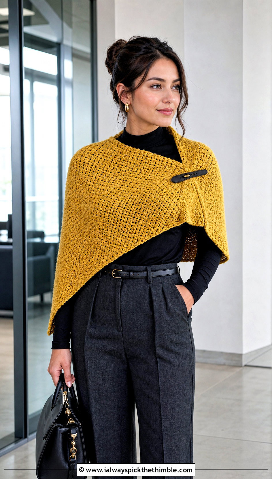 Textured Half Moon Shawl With Tailored Workwear - 15 Crochet Moon Shawl outfit ideas
