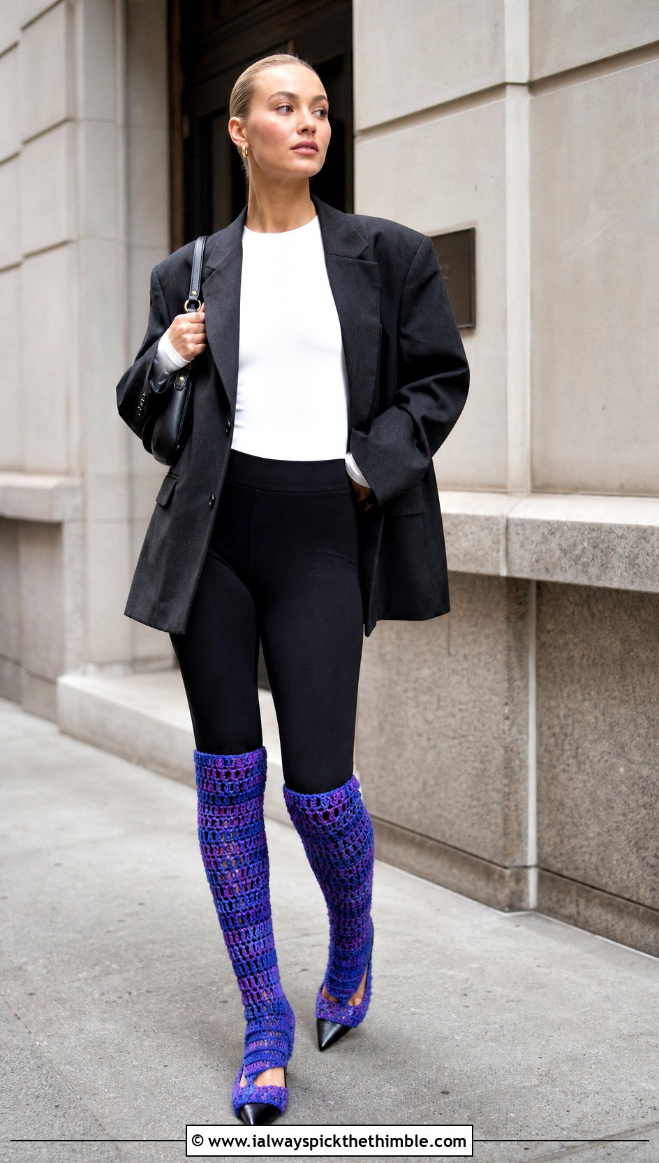 Textured Heel Gap Crochet Legwarmers With Blazer And Stirrup Leggings - 25 crochet legwarmers outfit ideas