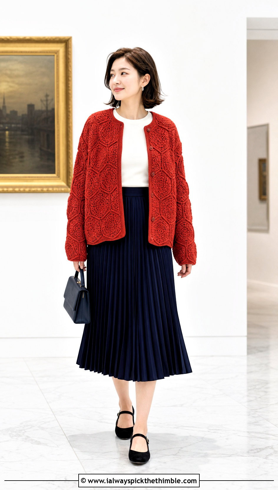 Textured Hexagon Cardigan With Pleated Midi Skirt - 25 crochet hexagon cardigan outfit ideas