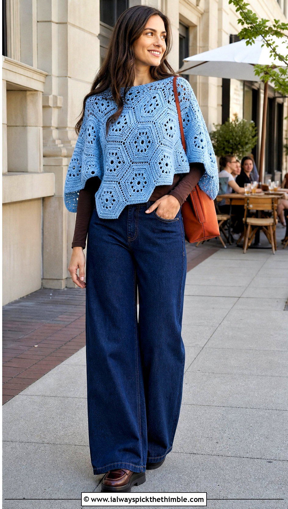 Textured Hexagon Crochet Poncho With Wide Leg Jeans - 20 Hexagon Crochet Poncho outfit ideas