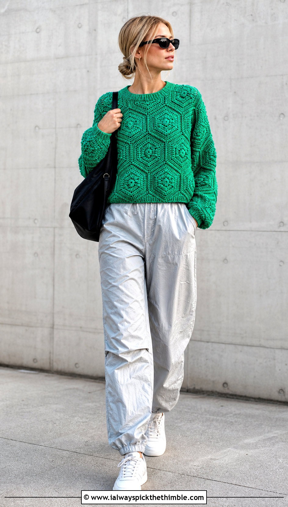Textured Hexagon Pullover With Parachute Pants - 25 crochet hexagon pullover outfit ideas