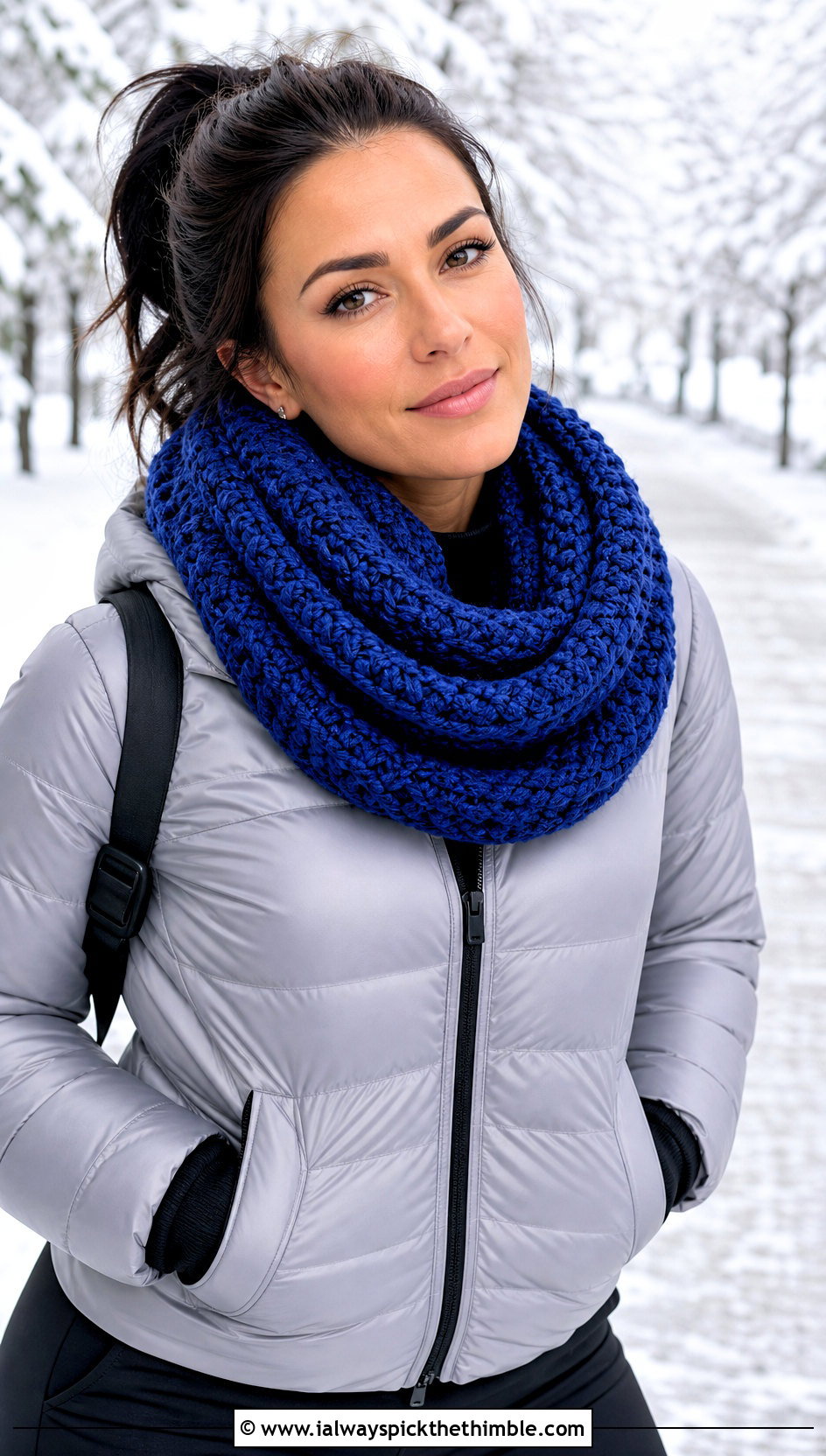 Textured Infinity Crochet Scarf With Puffer Jacket - 15 Textured Crochet Scarf Design outfit ideas