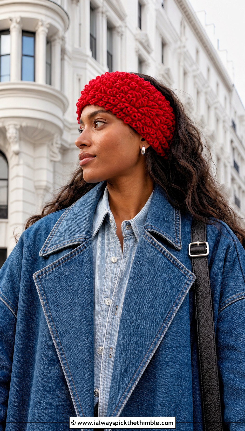 Textured Loop Crochet Earwarmer With Denim Maxi Coat - 25 crochet earwarmer outfit ideas