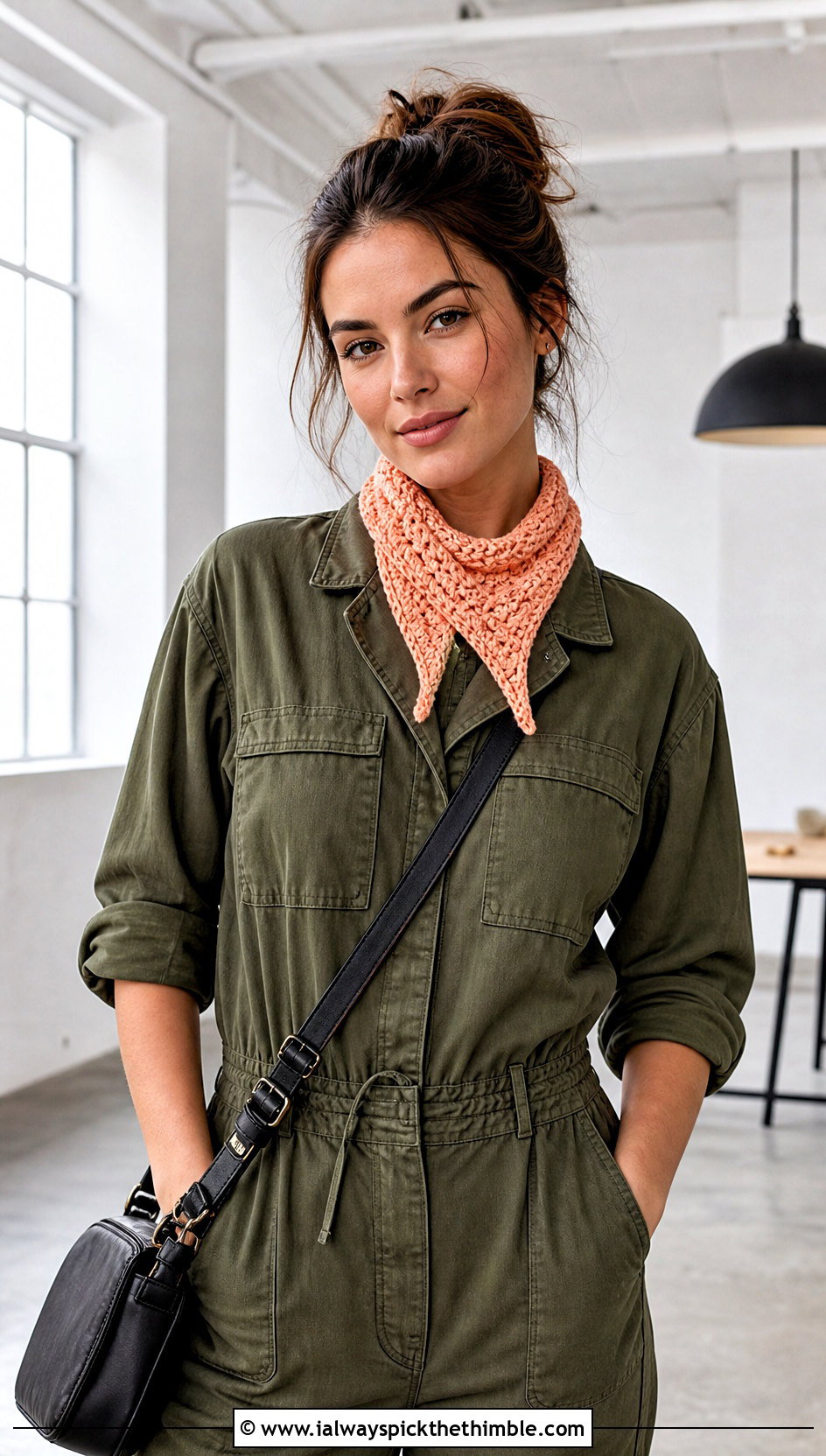 Textured Mini Crochet Neckerchief With Utility Jumpsuit - 20 mini crochet scarf outfit ideas