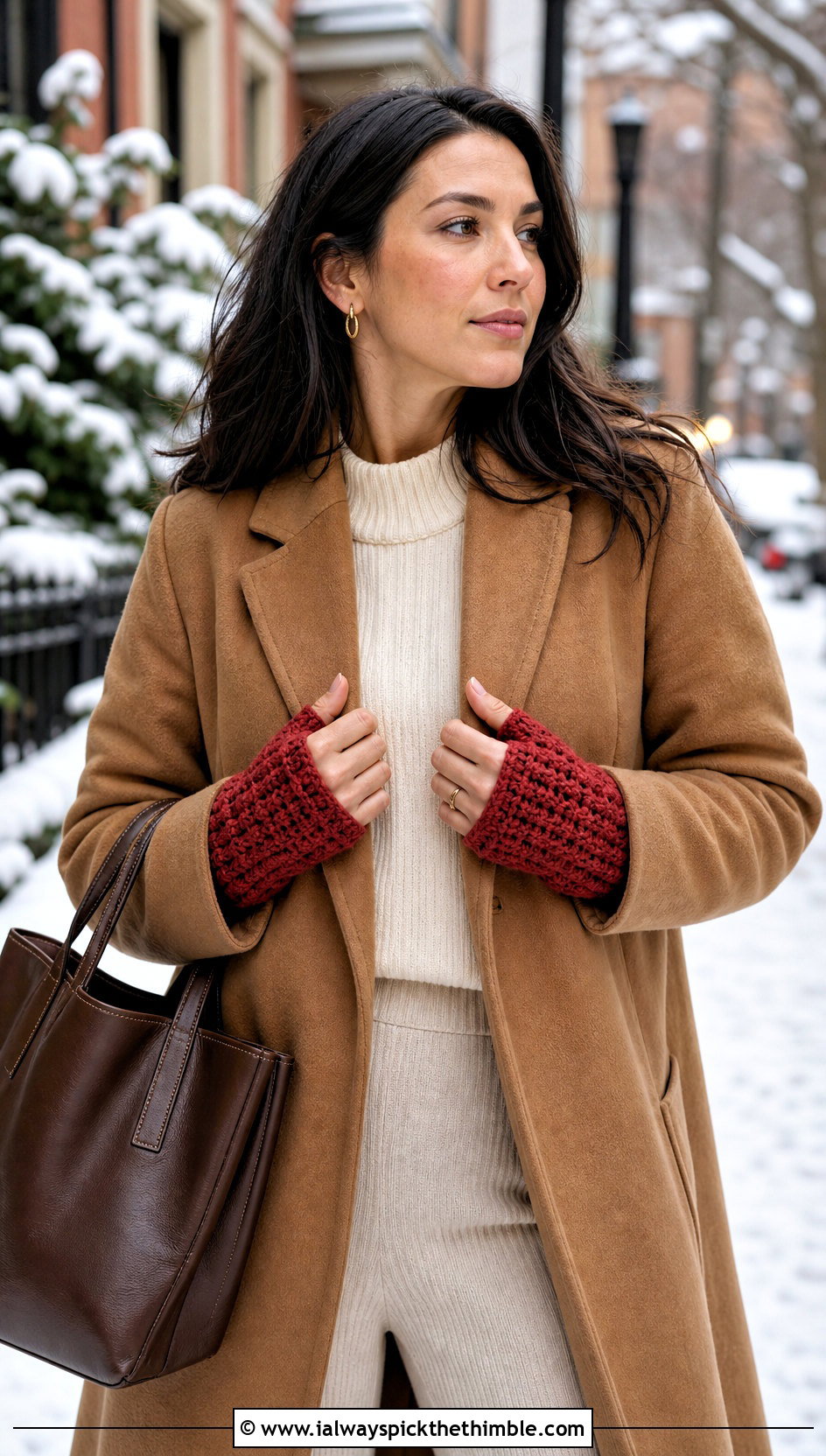 Textured Mitt Wrist Warmers With Oversized Coat And Knit Set - 25 crochet wrist warmers outfit ideas