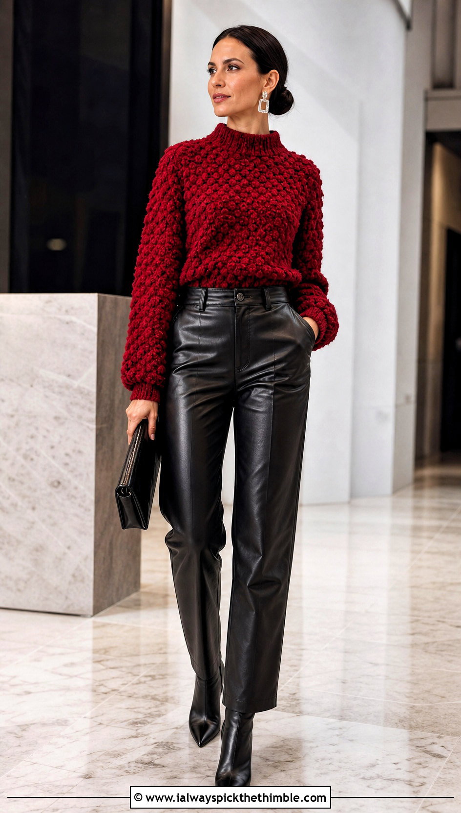 Textured Mock Neck Crochet Sweater With Leather Pants - 25 crochet sweater ideas