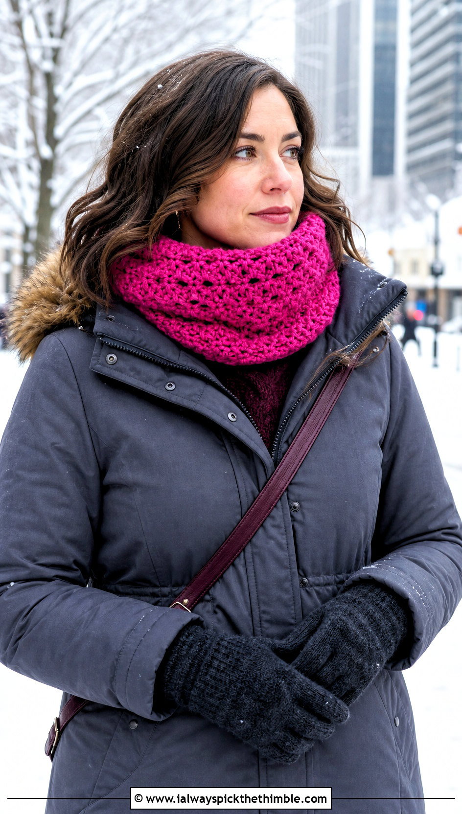 Textured Neck Warmer Crochet Cowl With Parka - 20 Bulky Crochet Cowl outfit ideas