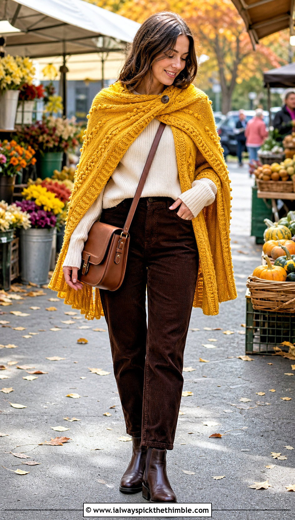 Textured Prayer Shawl With Corduroy Pants - 25 crochet prayer shawl outfit ideas