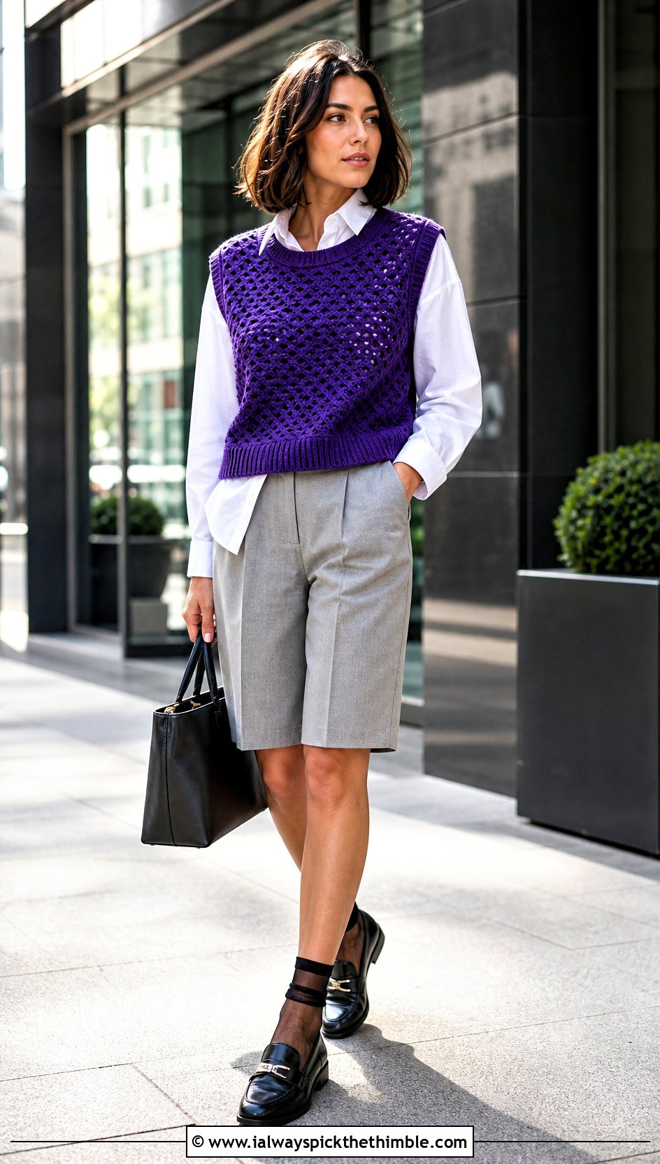 Textured Purple Crochet Sweater Vest With Bermuda Shorts - 15 Purple Crochet Sweater outfit ideas