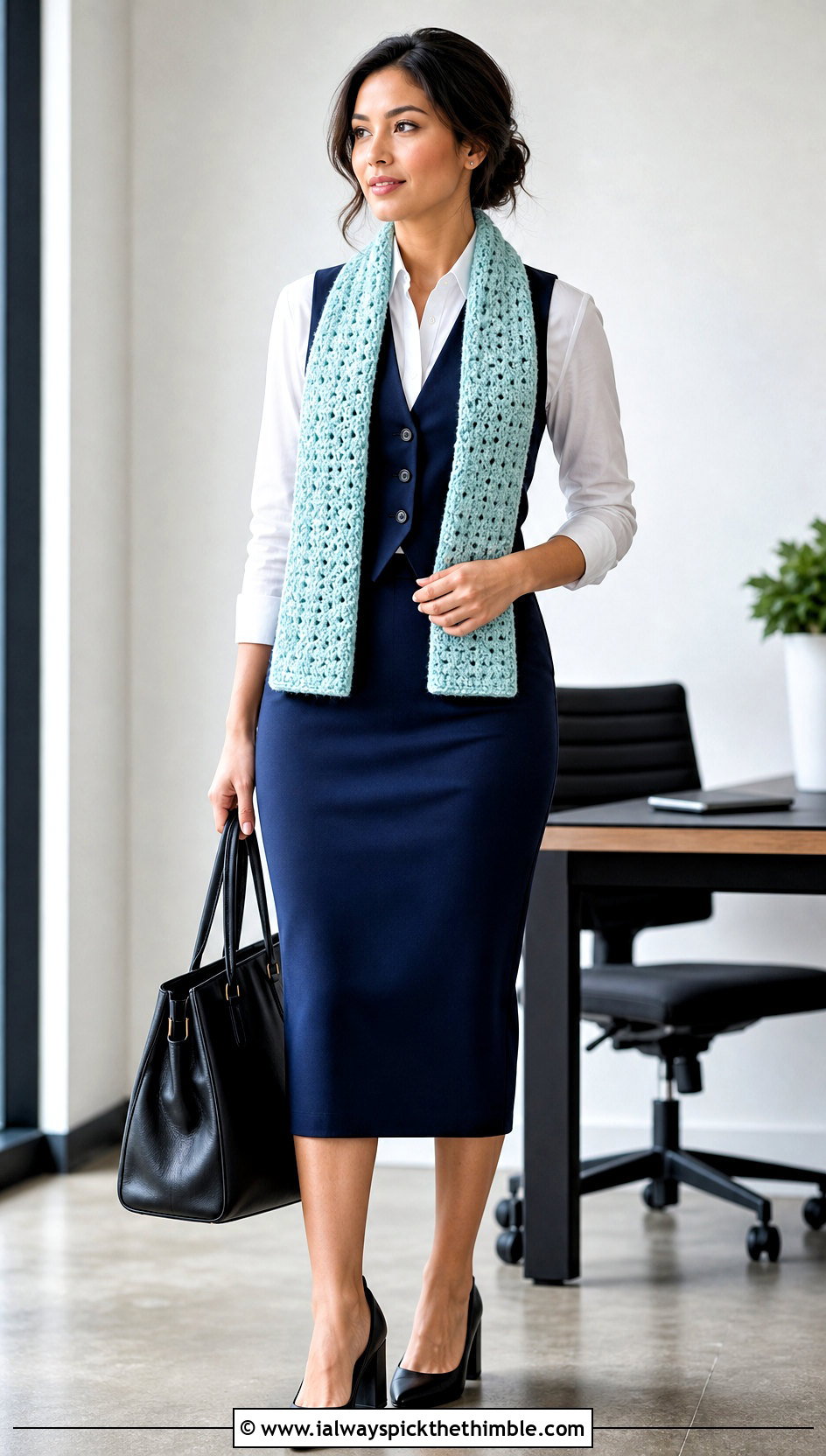 Textured Rectangle Roll Up Scarf With Vest And Pencil Skirt - 20 Crochet Roll Up Scarf outfit ideas