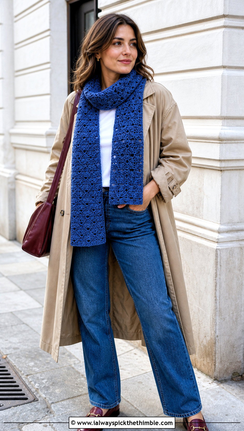 Textured Rectangular Crochet Scarf With Trench Coat And Jeans - 20 one row repeat crochet scarf outfit ideas