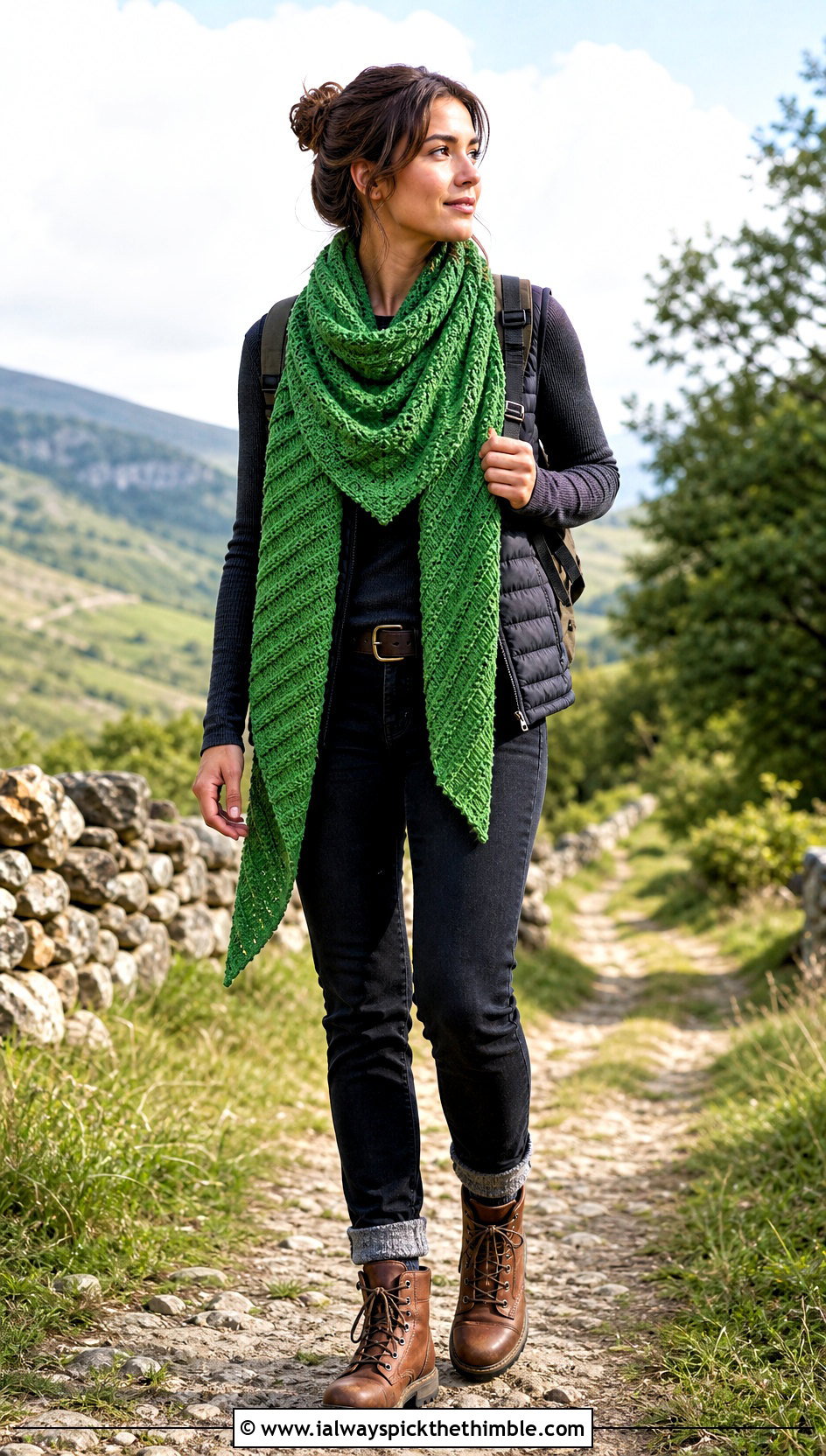 Textured Ridge Crochet Outlander Shawl With Puffer Vest - 25 crochet outlander shawl outfit ideas