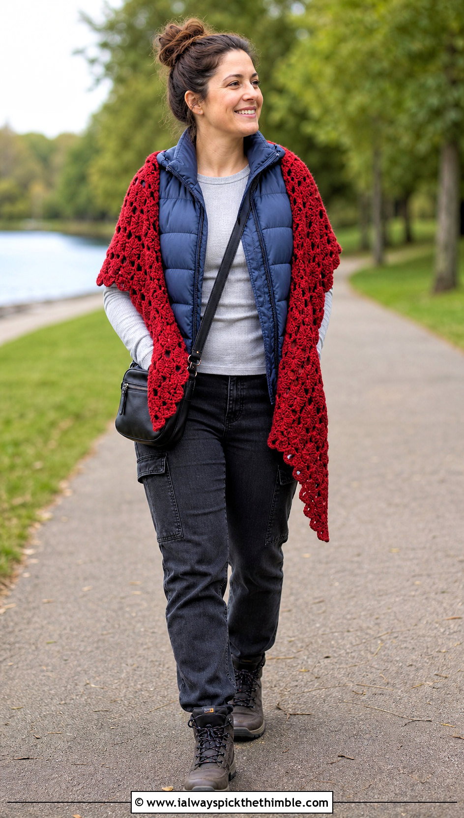Textured Shell Shawl With Puffer Vest - 20 Crochet Shell Shawl outfit ideas