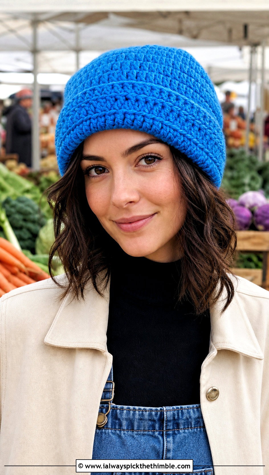 Textured Short Row Beanie With Denim Overalls - 20 Crochet Short Row Beanie outfit ideas