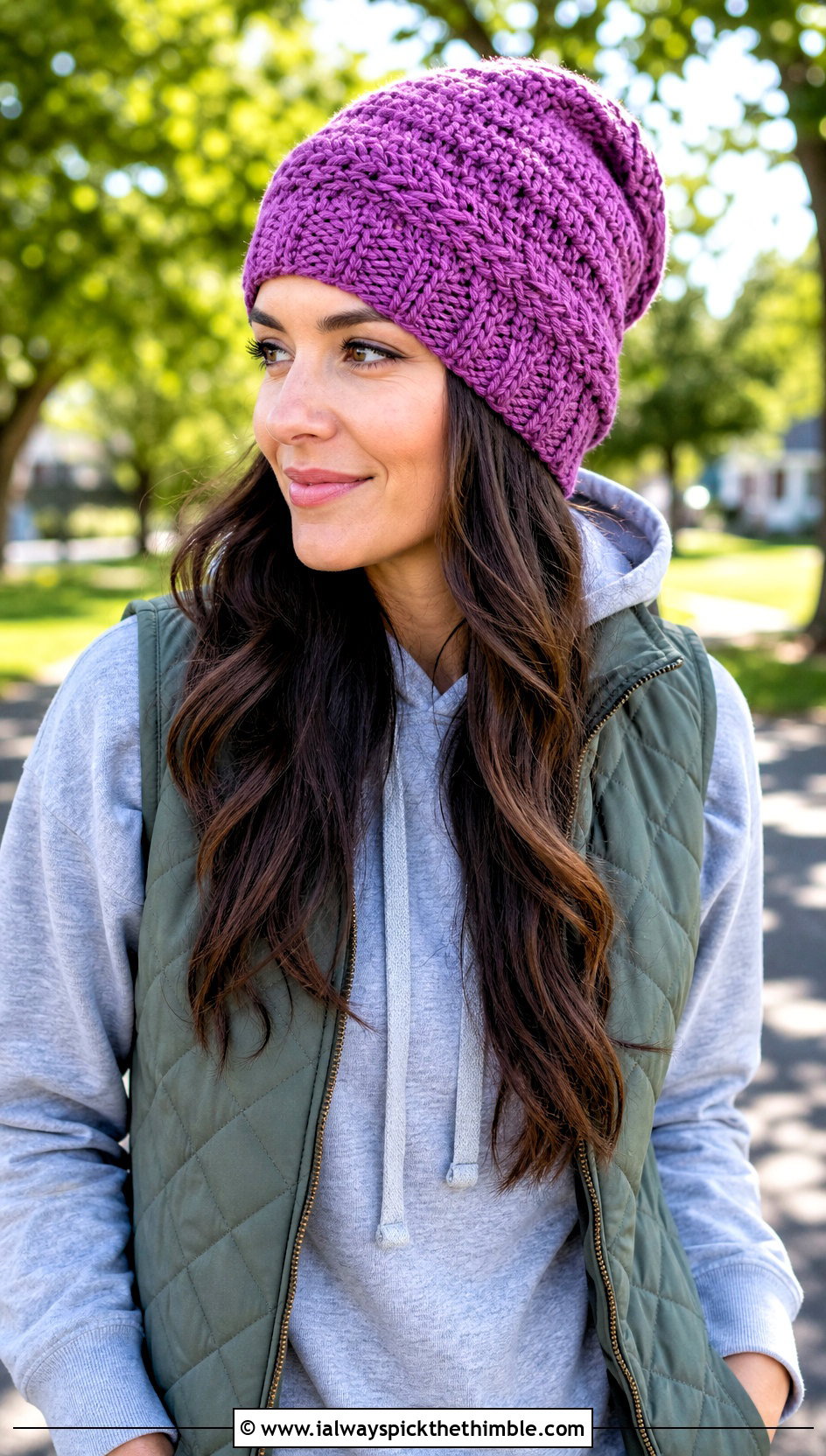 Textured Slouch Crochet Stocking Hat With Hoodie And Quilted Vest - 20 easy crochet stocking hat outfit ideas