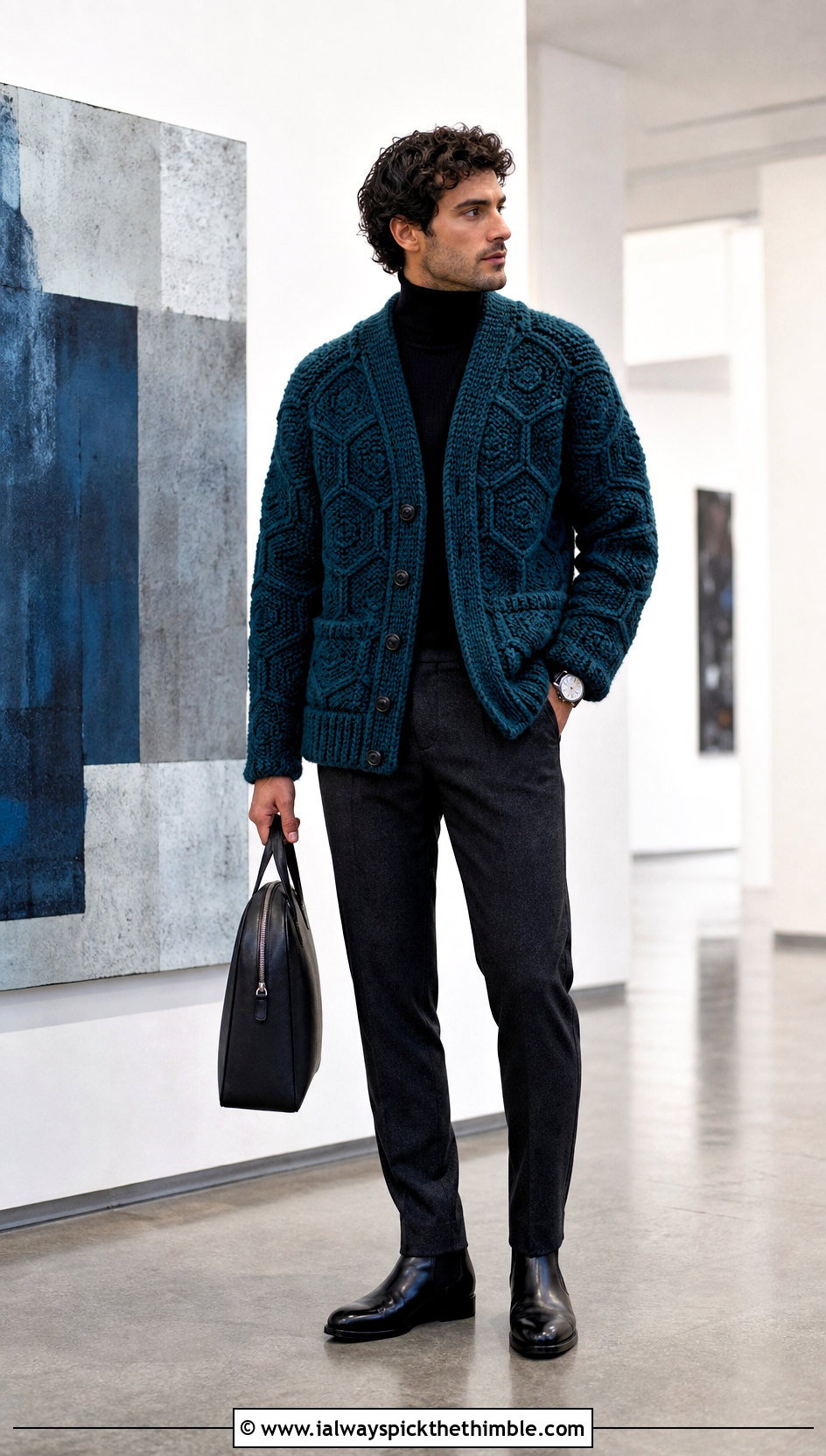 Textured Solid Hexagon Cardigan With Turtleneck - 25 men hexagon crochet cardigan outfit ideas