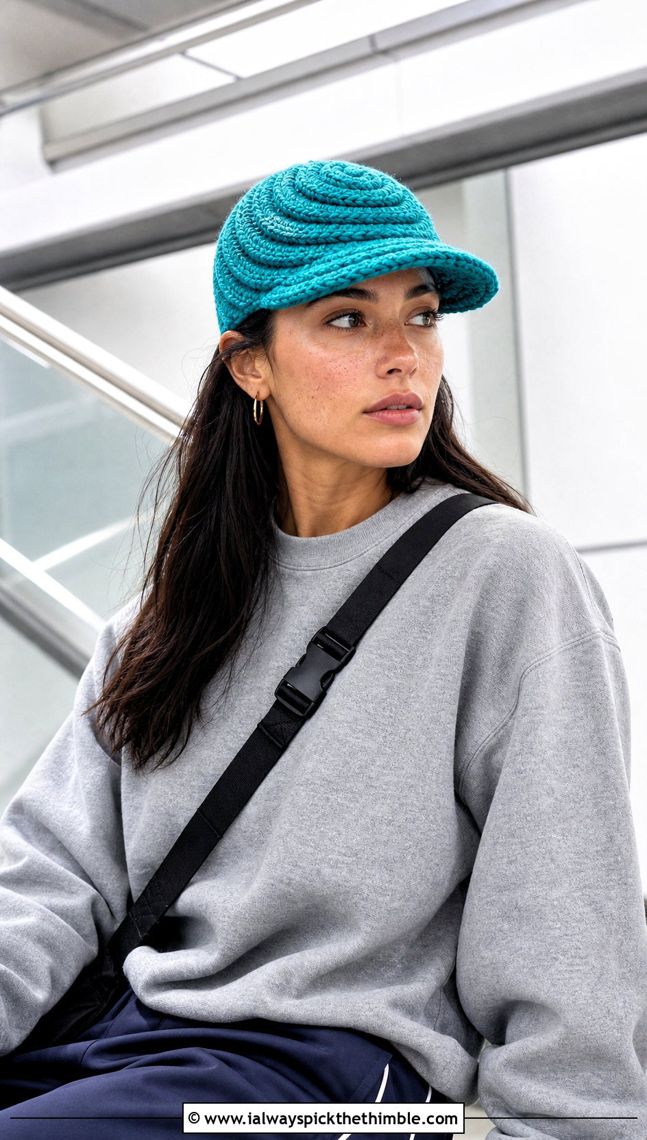 Textured Spiral Cap With Sweatshirt And Track Pants - 15 crochet vintage swirl hat outfit ideas