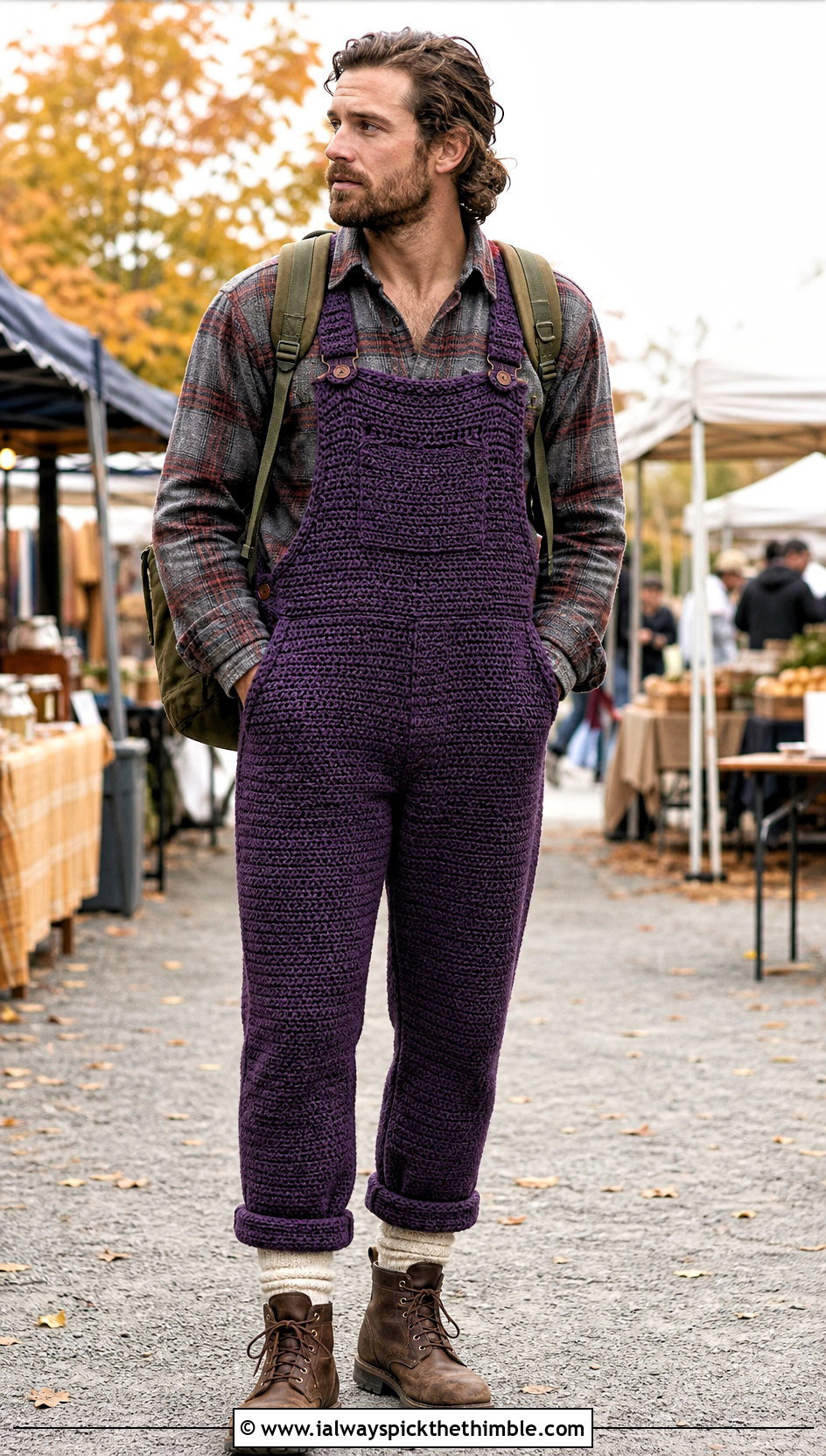 Textured Stitch Crochet Overalls With Flannel Shirt - 15 crochet overalls men outfit ideas