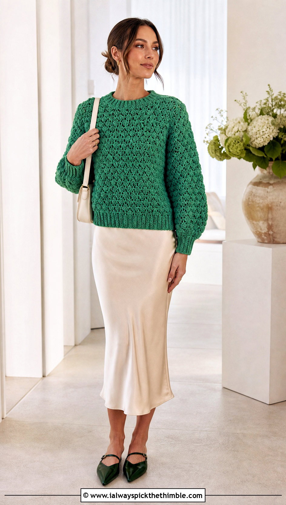 Textured Stitch Crochet Sweater With Slip Skirt - 25 crochet sweater women outfit ideas