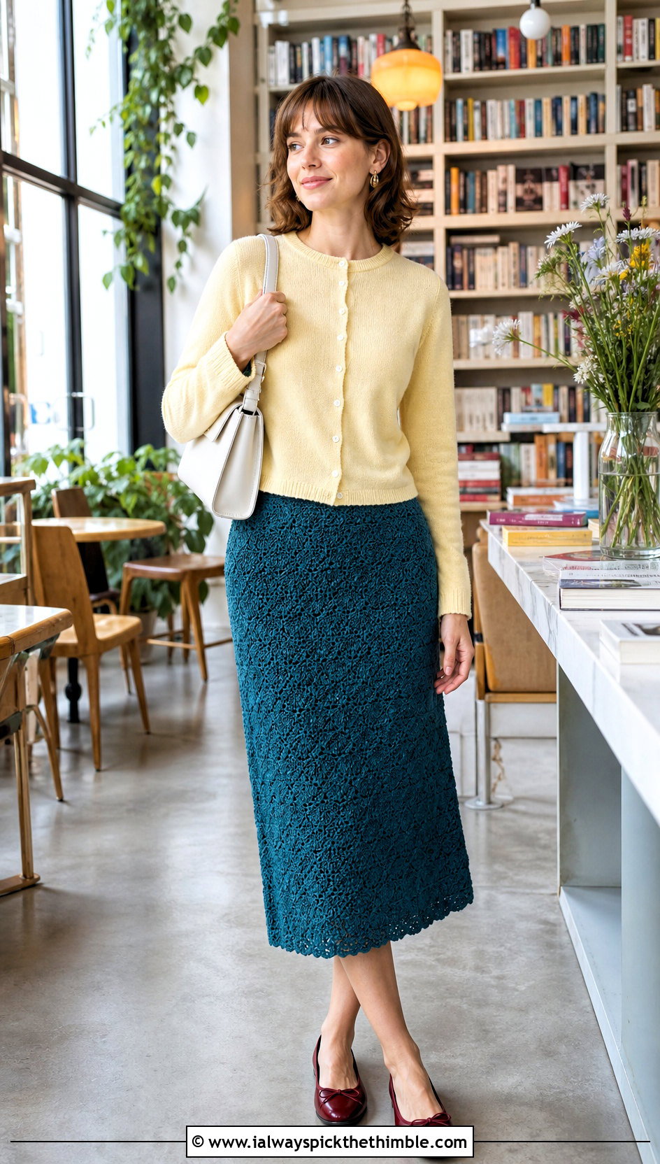 Textured Straight Crochet Midi Skirt With Cardigan - 15 colorful crochet skirt designs outfit ideas