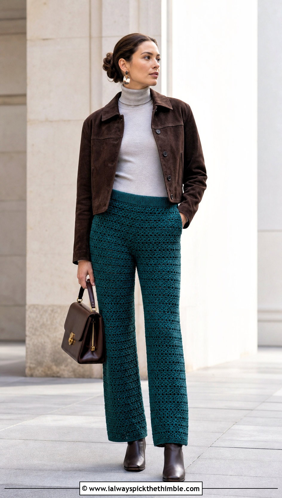 Textured Straight Leg Crochet Pants With Turtleneck - 20 women crocheted pants outfit ideas