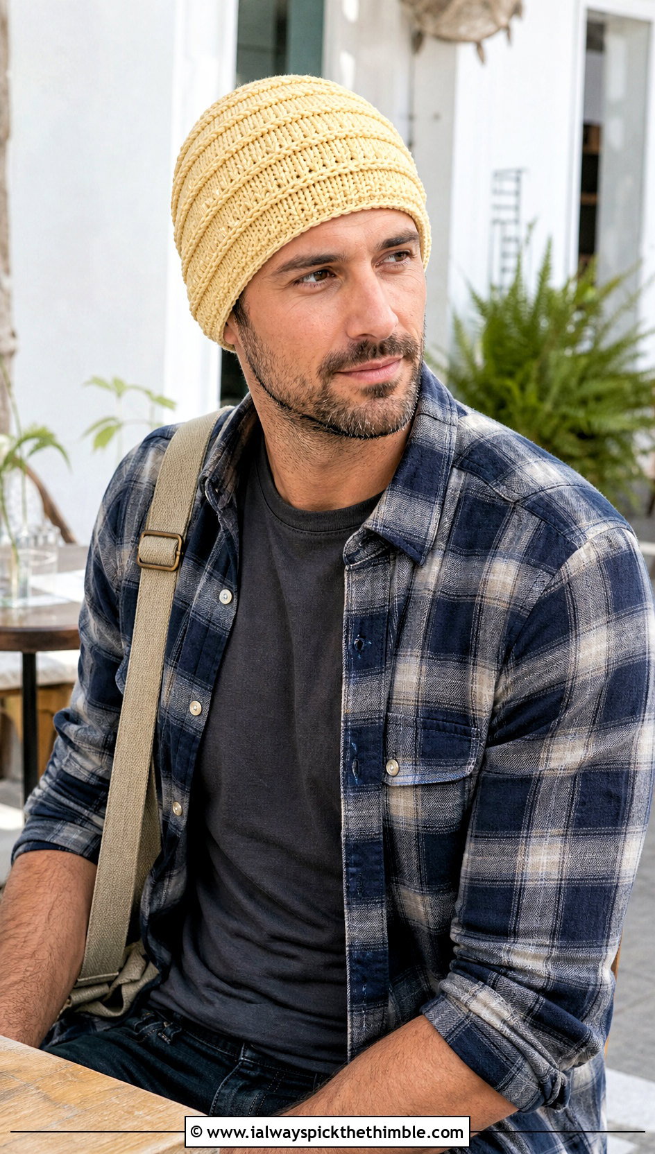 Textured Stripe Chemo Cap With Flannel Overshirt - 20 Crochet Chemo Caps For Men outfit ideas