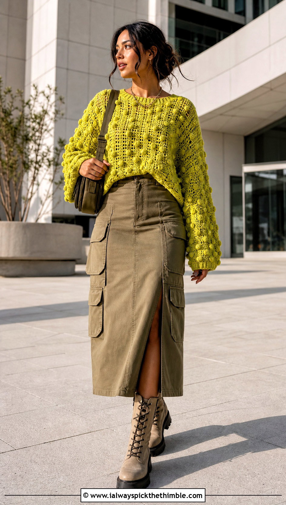 Textured Top Down Crochet Sweater With Cargo Skirt - 25 top down crochet sweater outfit ideas