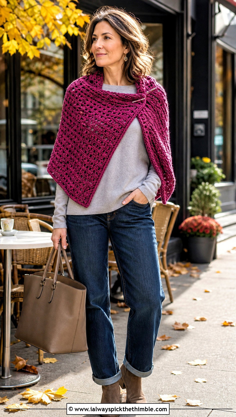 Textured Triangular Crochet Shawl With Sweater And Jeans - 20 triangular crochet shawl outfit ideas