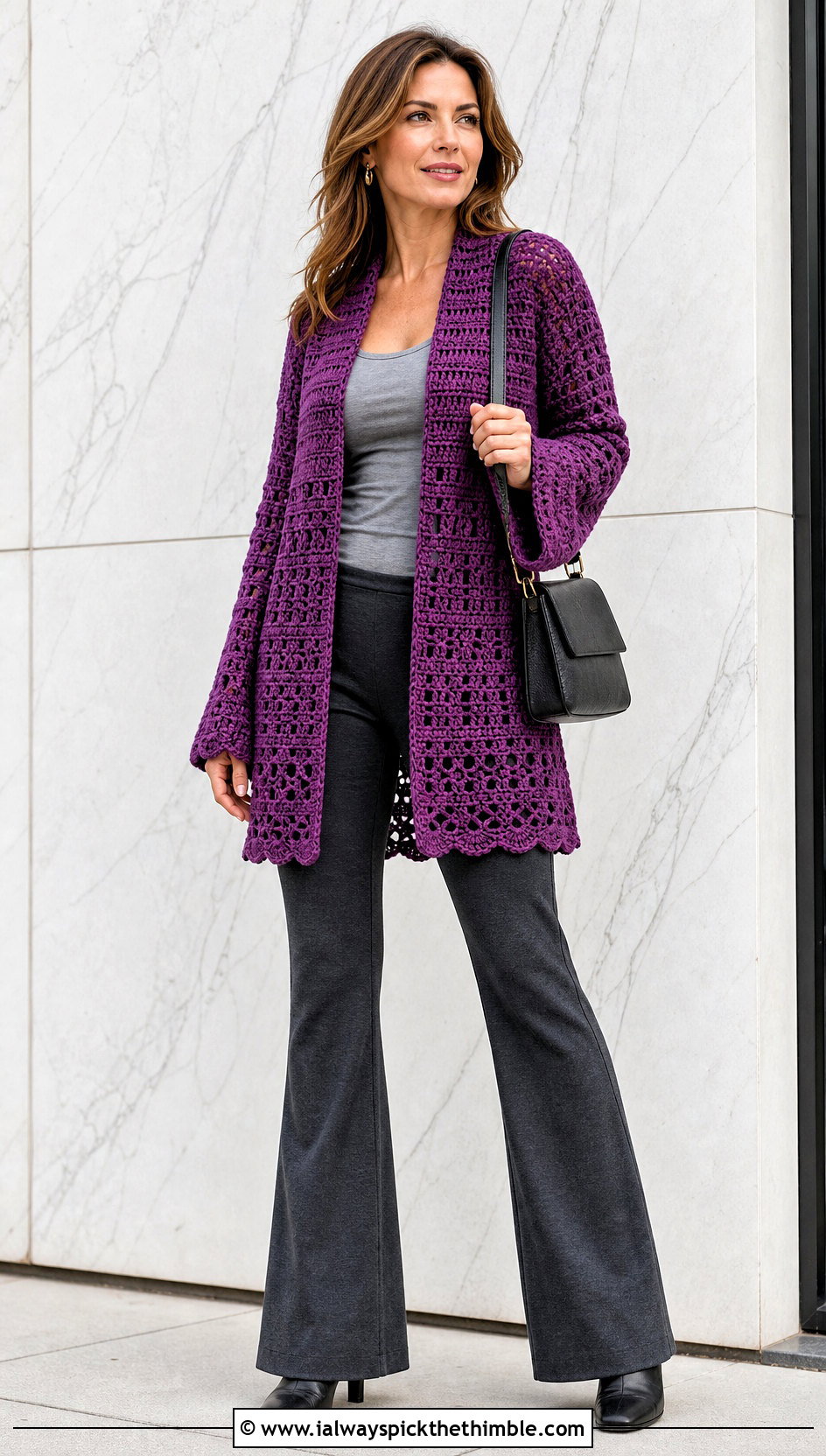Textured Tunic Crochet Loose Sweater With Flared Pants - 25 crochet loose sweater outfit ideas