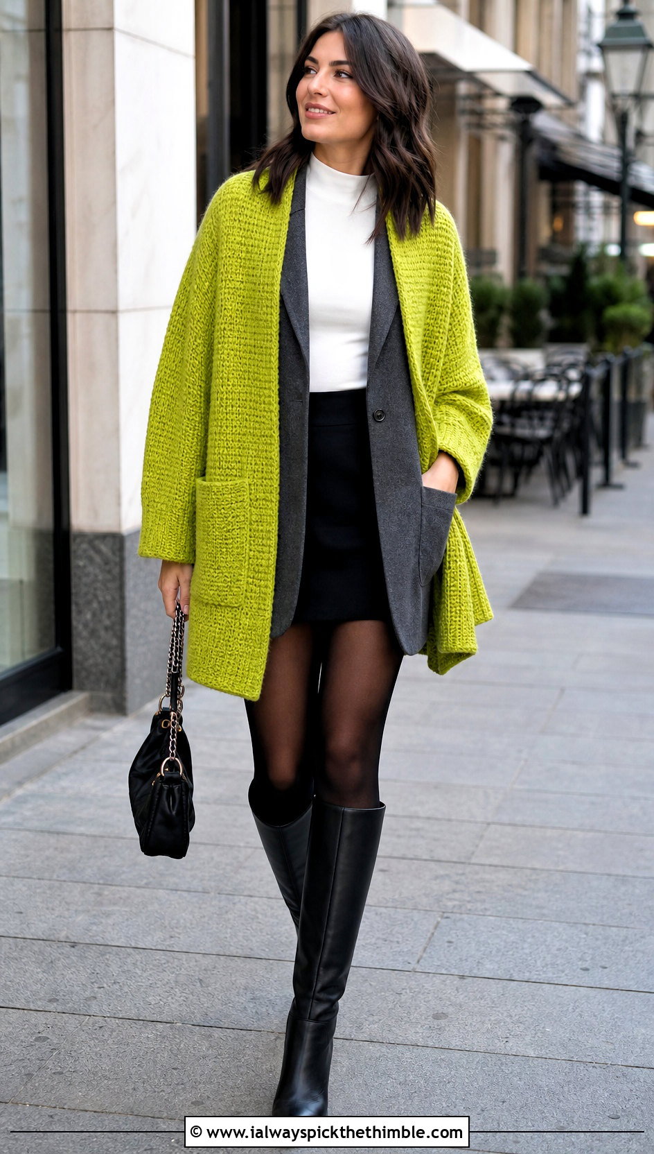 Textured Tunisian Pocket Shawl With Blazer And Mini Skirt - 15 Tunisian Crochet Pocket Shawl outfit ideas