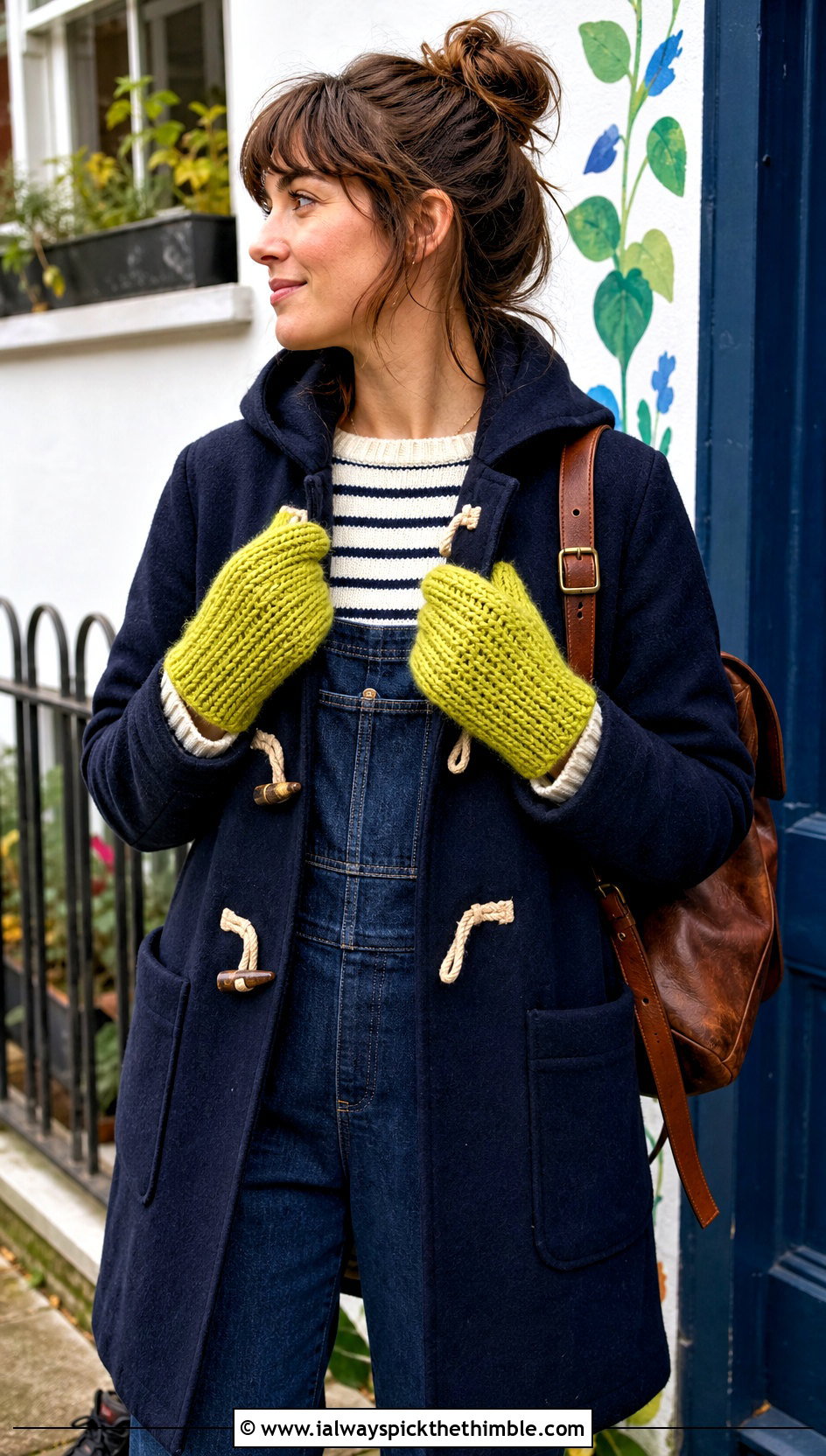 Textured Waistcoat Stitch Chunky Crochet Mittens With Duffle Coat and Overalls - 20 Chunky Yarn Crochet Mittens outfit ideas