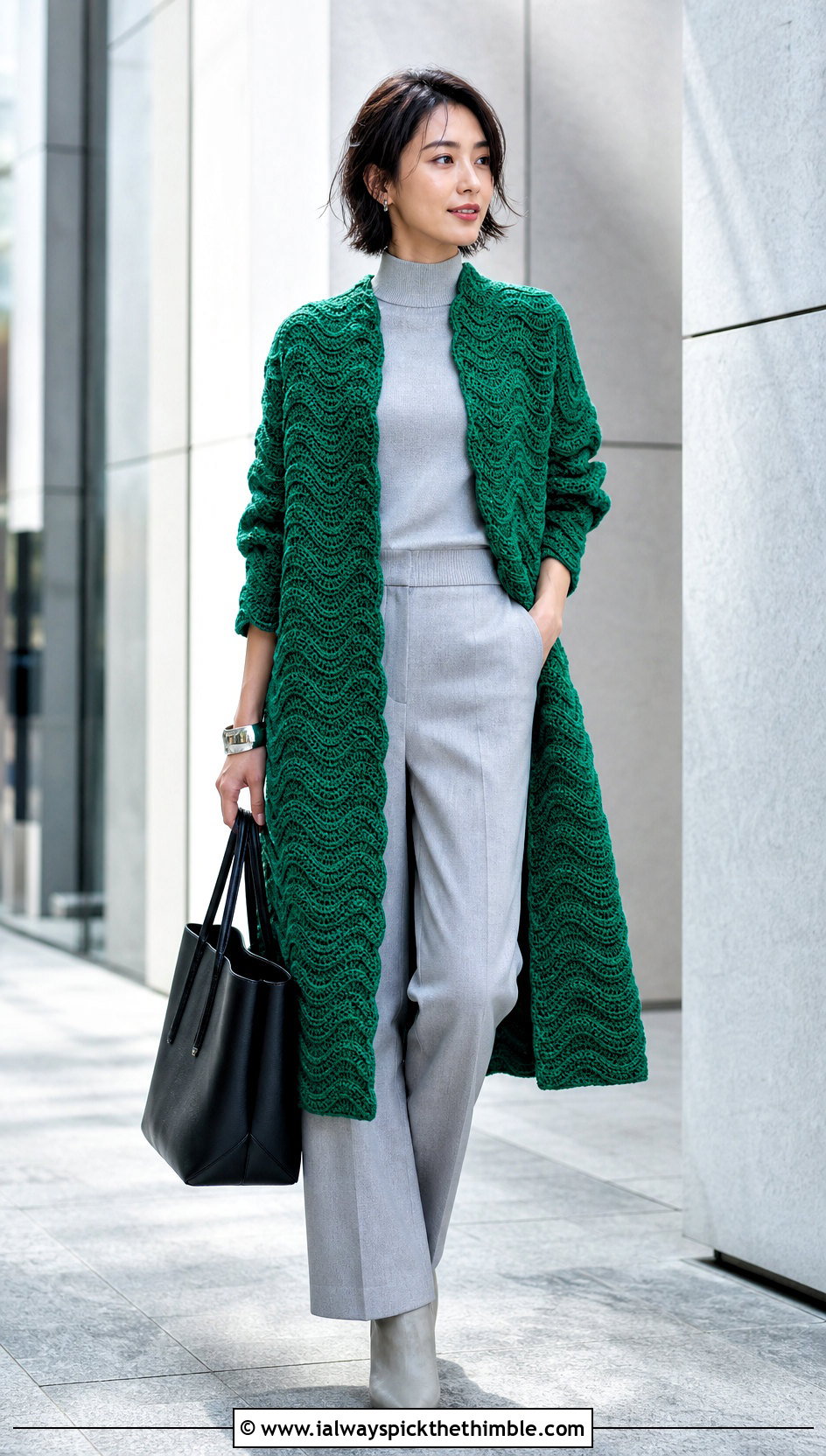 Textured Wave Crochet Coat With Monochrome Basics - 25 crochet coats & jackets outfit ideas