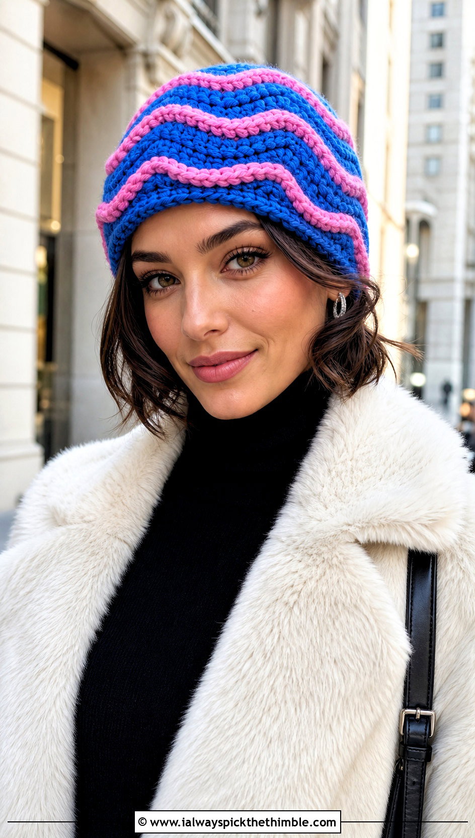 Textured Wave Stripe Crochet Beanie With Faux Fur Coat - 20 striped crochet beanie outfit ideas