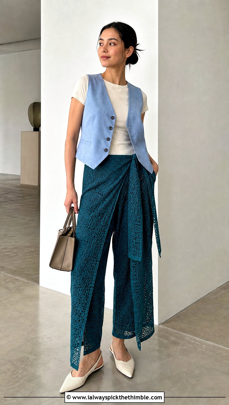 Thai Crochet Wrap Pants With Tailored Vest - 15 crochet wrap around pants outfit ideas