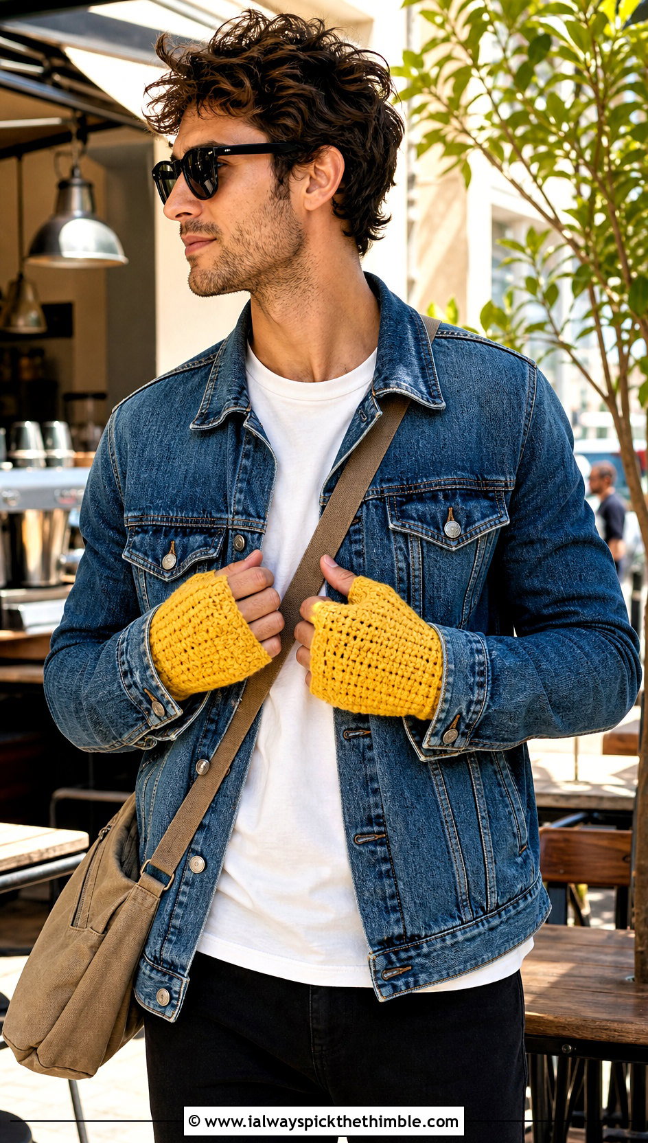 Thermal Crochet Fingerless Gloves With Denim Jacket - 25 men crochet gloves outfit ideas