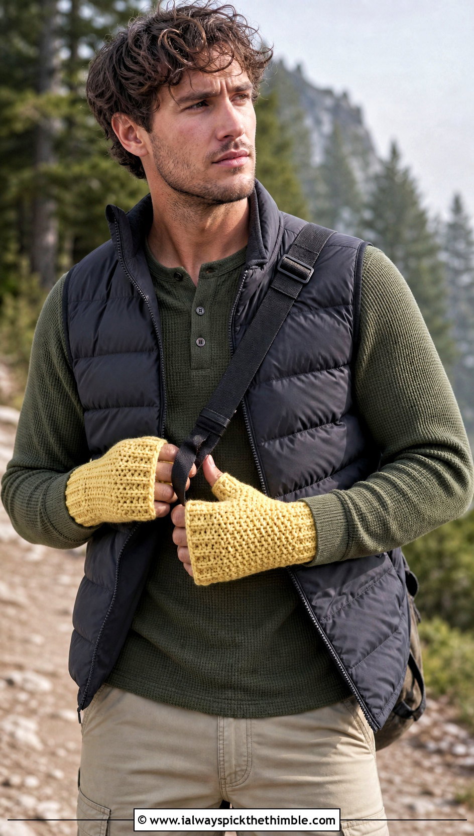Thermal Crochet Fingerless Gloves With Puffer Vest - 20 Crochet Mens Fingerless Gloves outfit ideas