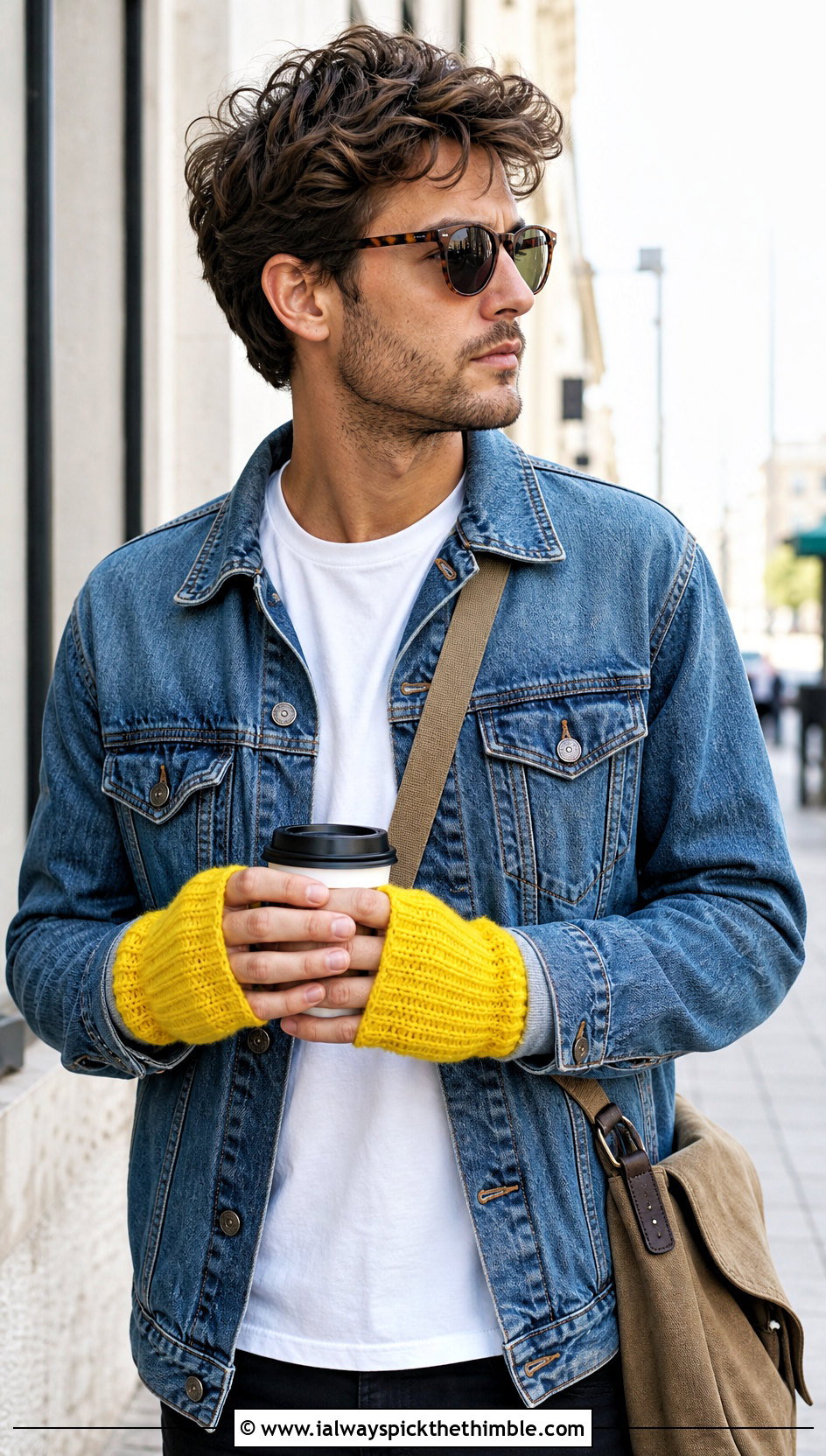 Thermal Ribbed Crochet Fingerless Gloves With Denim Jacket - 25 crochet gloves for men outfit ideas