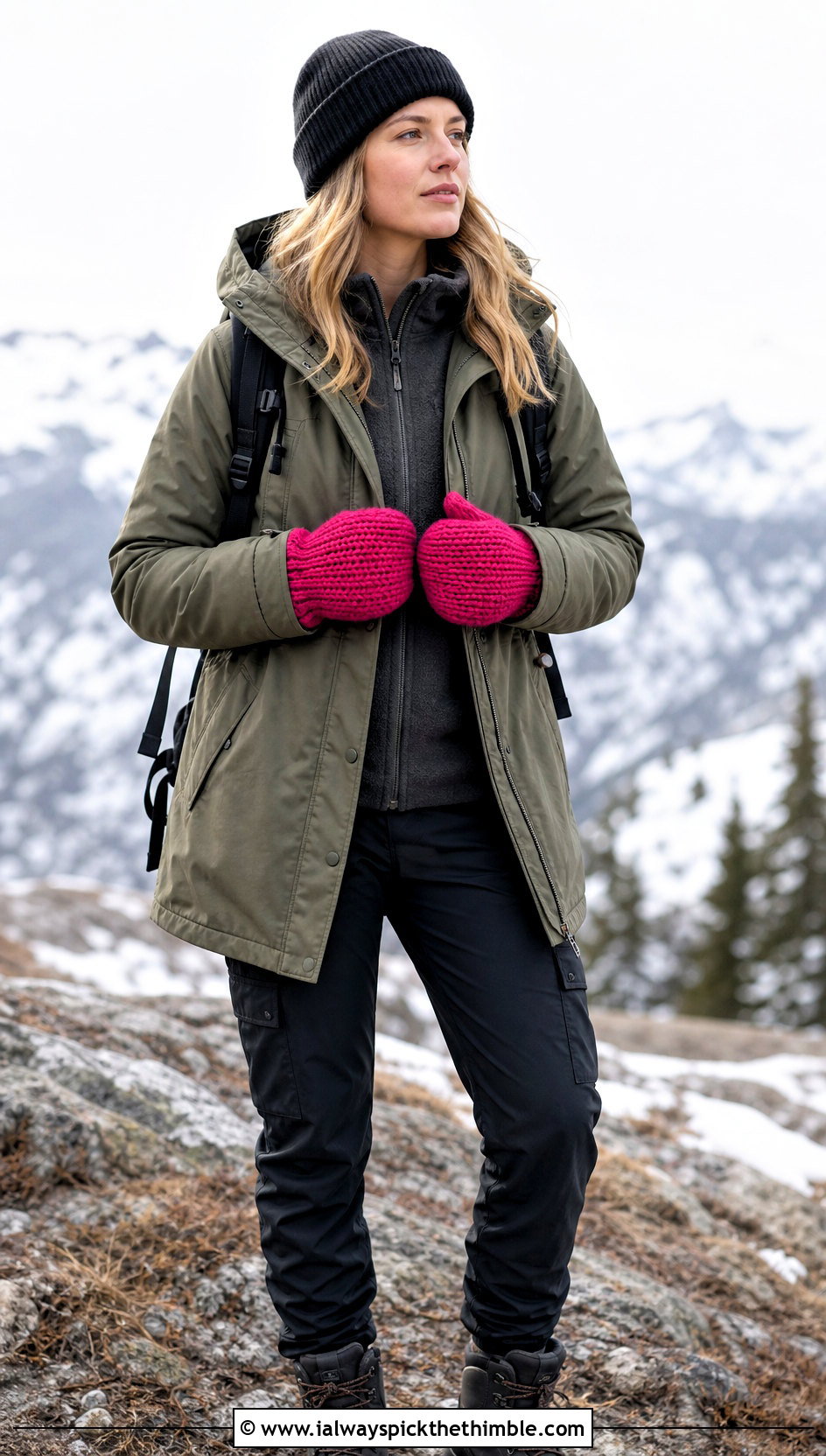 Thermal Stitch Bulky Yarn Crochet Mittens With Parka And Utility Pants - 20 Crochet Mittens Bulky Yarn outfit ideas