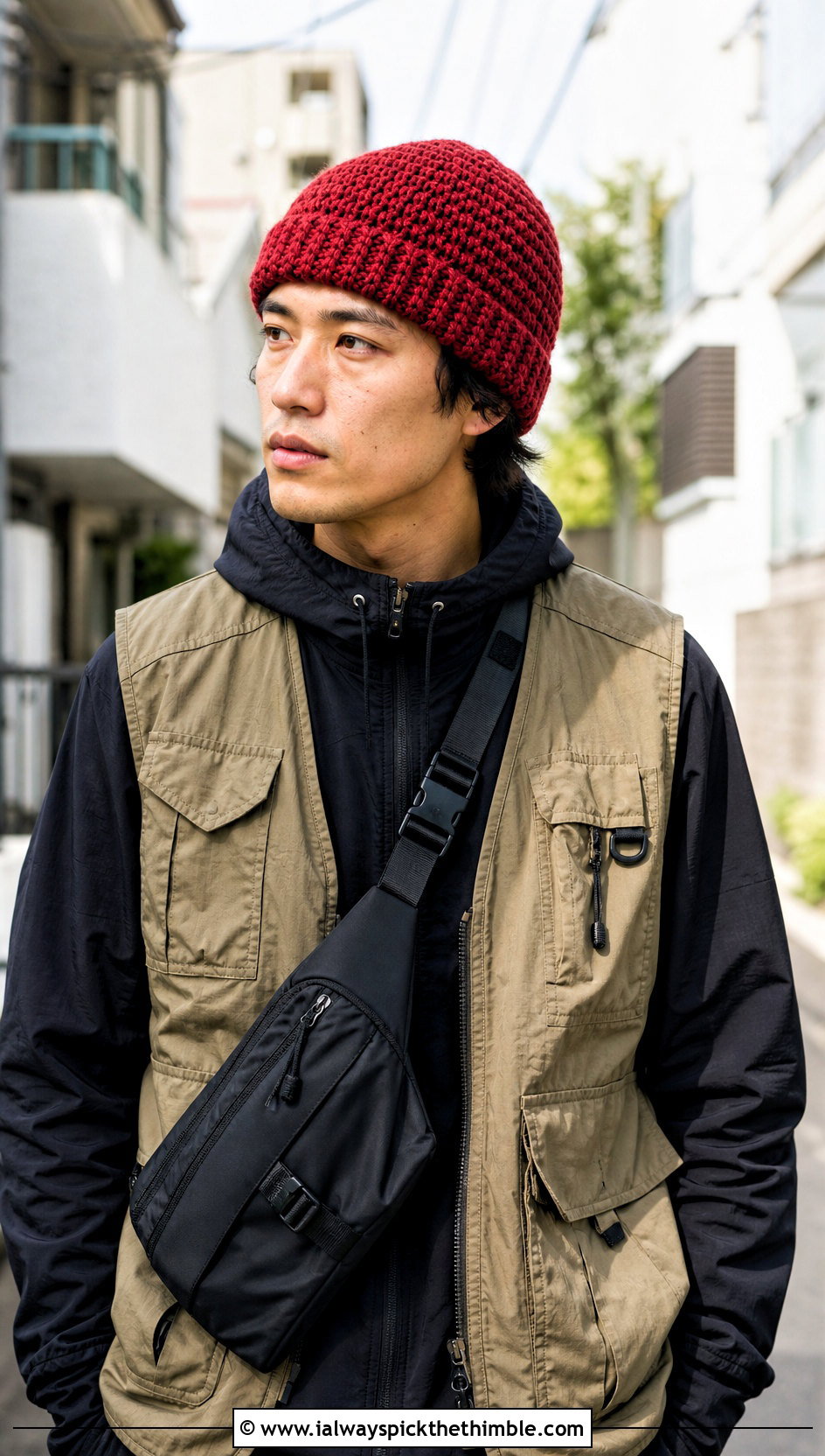 Thermal Stitch Crochet Beanie With Utility Vest - 25 mens crochet beanie outfit ideas