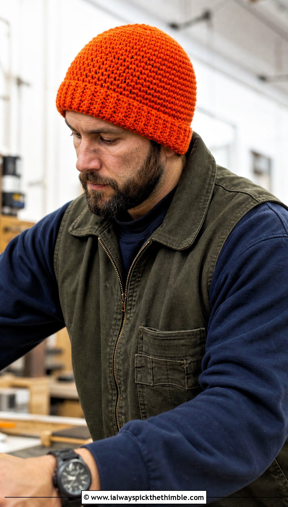 Thermal Stitch Crochet Beanie With Workwear Vest - 25 crochet beanie for men outfit ideas