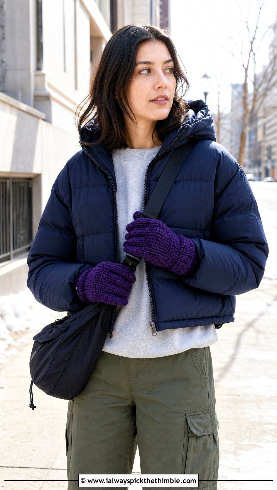 Thermal Stitch Crochet Fingered Gloves With Puffer Jacket And Cargo Pants - 15 Crochet Fingered Gloves outfit ideas