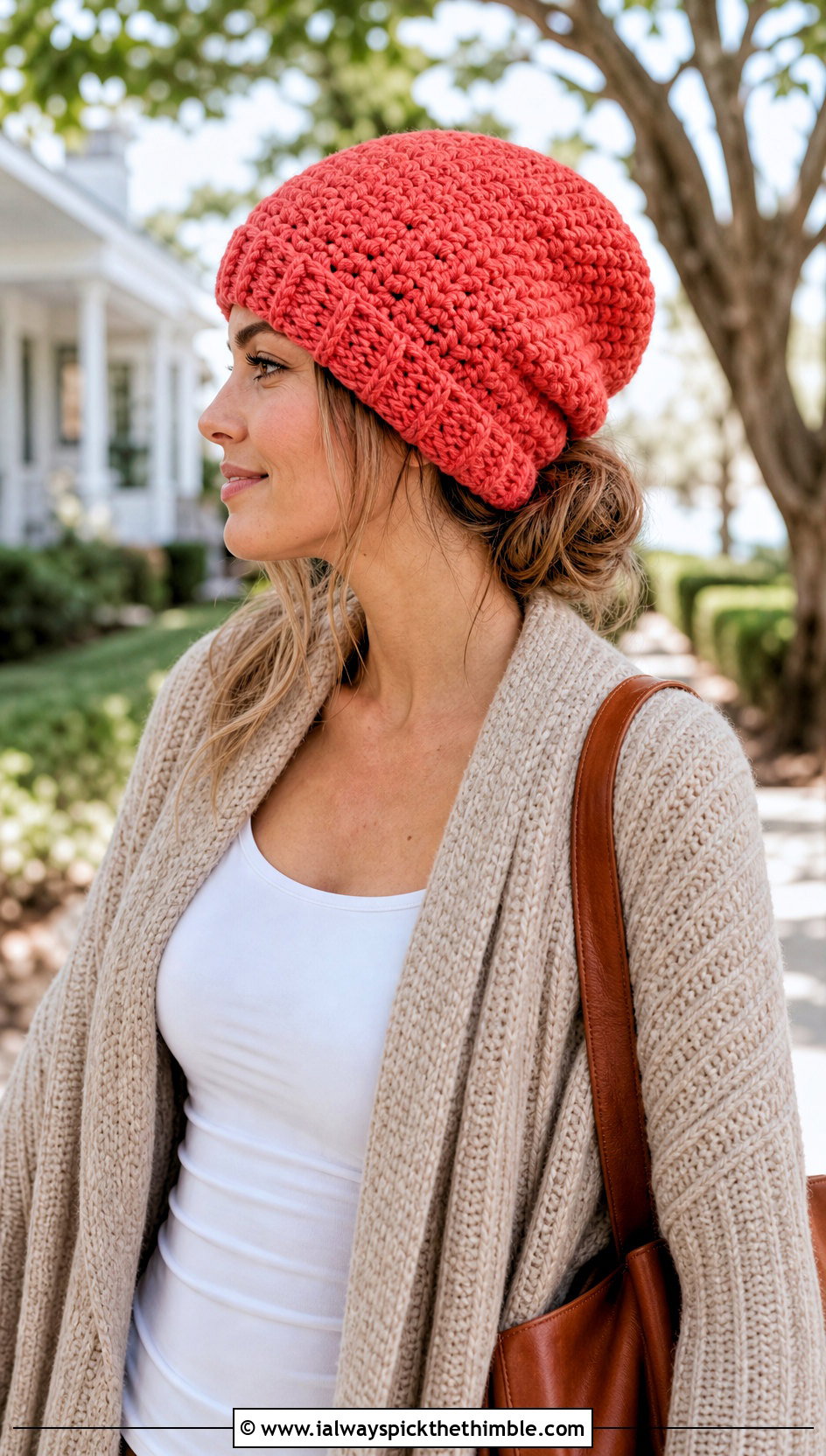 Thermal Stitch Crochet Messy Bun Hat With Long Cardigan - 20 Crochet Messy Bun Hat Bulky Yarn outfit ideas