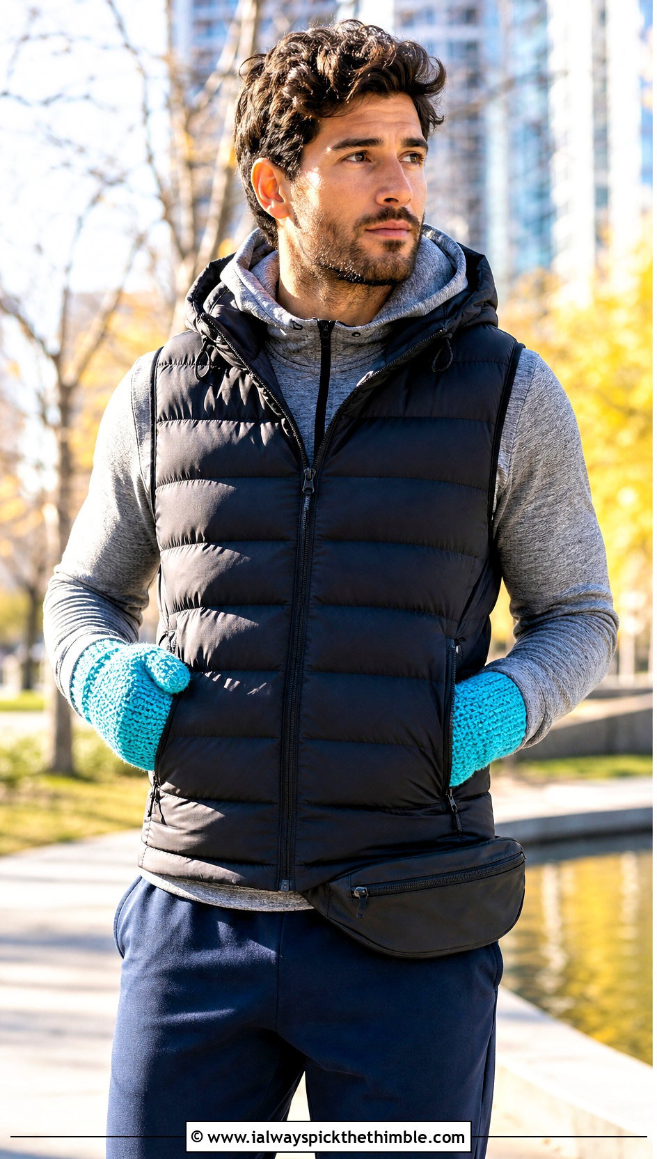 Thermal Stitch Crochet Mittens With Athleisure Outfit - 20 Crochet Mens Mittens outfit ideas